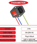 Heavy Duty 3 Pin IEC320 C14 Power Inlet Module With Rocker Switch 10A 250V Rating mounted with colored wires visible