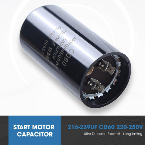 216-259 UF Round Motor Start Capacitor 220-250V 50/60 Hz AC close-up view showing terminals and casing.
