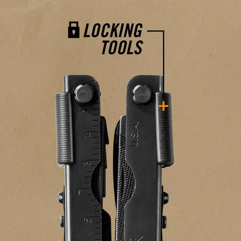 Close view of locking mechanism on 14-In-1 Multitool With Needlenose Pliers, Serrated Knife, Wire Crimper, black carry tool.