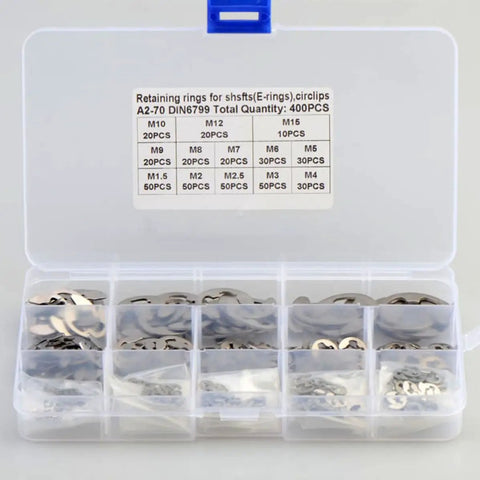 External Stainless Steel Retaining Ring Kit 400Pcs M1.5 To M15 E Shaped Snap Rings Set in labeled plastic box