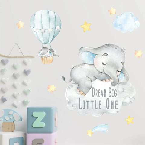 Blue Watercolor Elephant Wall Decals For Kids Room With Moon And Stars Hot Air Balloon Theme Sticker Set Sweet Dream Big Little One