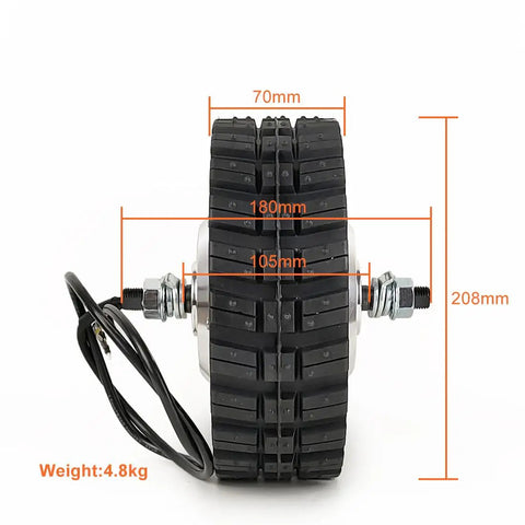 Front view of Dual Drive 8 Inch Hub Gear Motor Wheel with dimensions and cable, 400kg load capacity, 700W total power.