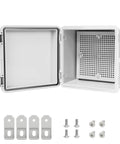 Hella Weatherproof Abs Plastic Junction Box IP65 Rated with secure latch, gray, 5.9 x 5.9 x 3.5 inch, open with screws and mounting brackets.