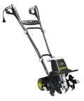 Front view of Corded Electric Garden Tiller And Cultivator with Steel Tines, 16 Inch Width, 12 Amp Motor, folding handle