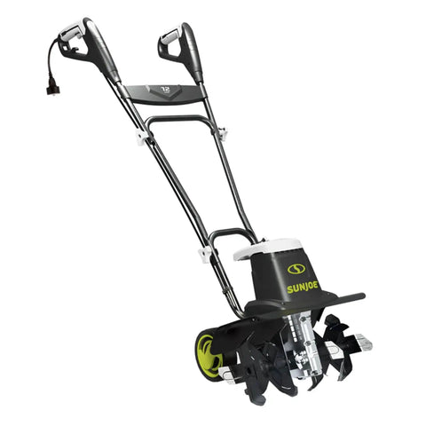 Front view of Corded Electric Garden Tiller And Cultivator with Steel Tines, 16 Inch Width, 12 Amp Motor, folding handle