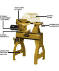 Powermatic 20x20 variable-speed wood lathe in yellow with sliding headstock, chrome handwheel, safety guard.