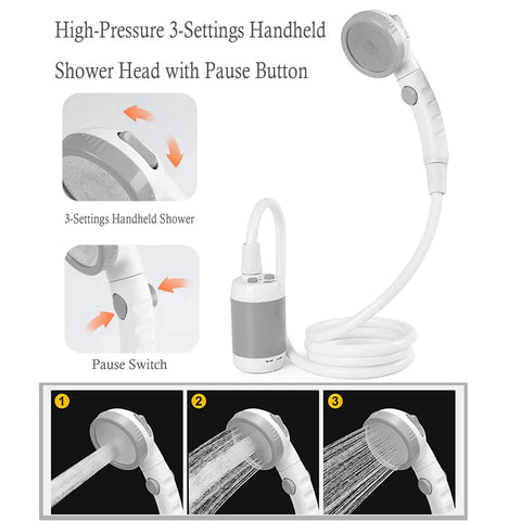 On The Go Portable Electric Camping Shower With Built In 5000mAh Battery showing shower head and flow settings