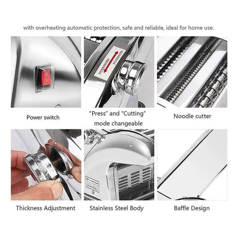 Close-up of the Automatic Electric Noodle And Pasta Maker showcasing power switch and thickness adjustment dial.