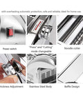Heavy Duty Electric Noodle And Pasta Maker With Three Interchangeable Blades Six Speed Thickness Control Plus Dumpling Molds And Drying Rack For Fresh Homemade Noodles No Sweat Prep showing power switch, thickness adjustment, and noodle cutter.