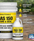 Heavy Duty Water Based Concrete Sealer And Cure Compound Hella Tough For Driveways Patios And Garages Delivering Knockout Dust Defense And A Legit Satin Finish In Five Gallon Pail next to a one-gallon container.