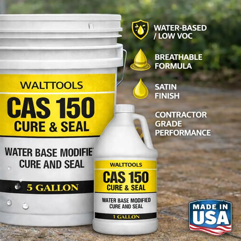 Heavy Duty Water Based Concrete Sealer And Cure Compound Hella Tough For Driveways Patios And Garages Delivering Knockout Dust Defense And A Legit Satin Finish In Five Gallon Pail next to a one-gallon container.