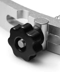 Close-up of Two Pack T Track Hold Down Clamp Kit for Woodworking and Metalworking, black knob on aluminum bracket