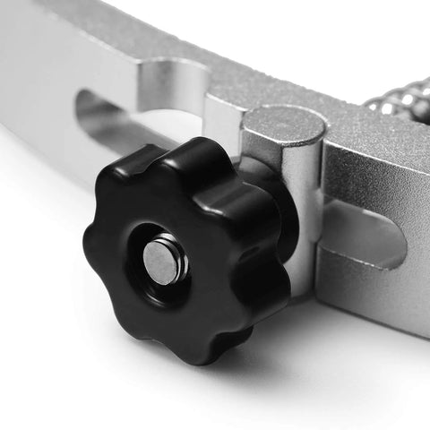 Close-up of Two Pack T Track Hold Down Clamp Kit for Woodworking and Metalworking, black knob on aluminum bracket