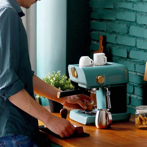 Retro Semi Automatic Coffee Machine For Home Use With Built In Milk Frother Espresso Pump 850W 110 240 Volts in kitchen
