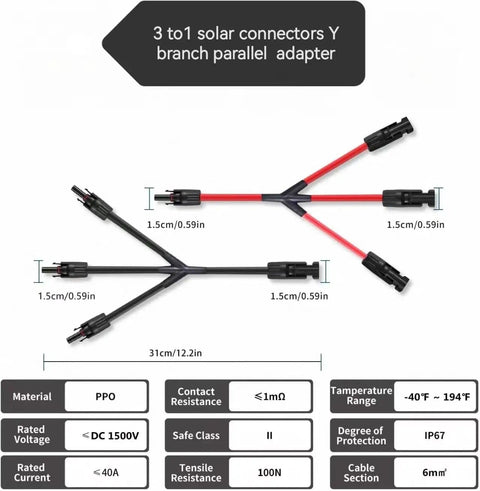 Solar Y Branch Connectors For Parallel Panel Wiring 1500V DC 30A PPO Material 3 To 1 Parallel Adapter dimensions and details