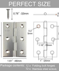 12 Pack of Kickass 3-Inch Premium Rustproof Stainless Steel Folding Hinges with Brushed Finish dimensions and screw details.