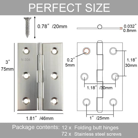 12 Pack of Kickass 3-Inch Premium Rustproof Stainless Steel Folding Hinges with Brushed Finish dimensions and screw details.