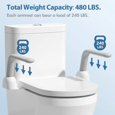 Heavy Duty Aluminum Toilet Safety Rails showing total weight capacity of 480 lbs and 240 lbs per armrest built for support.