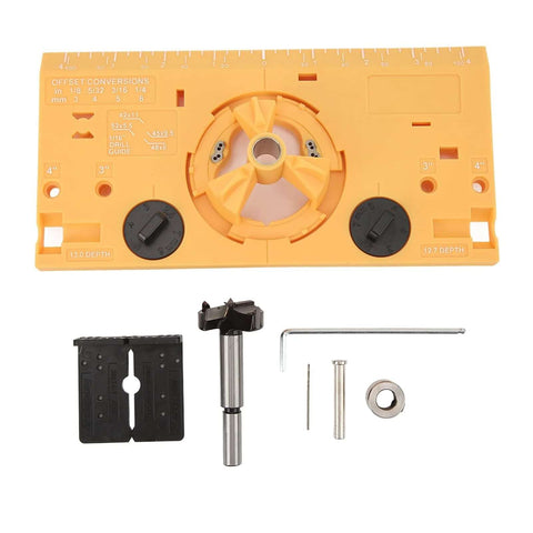 Yellow 35mm hinge boring jig with drill guide, cutter, and 1/16 in bit; includes mounting plate and Allen wrench