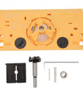 Orange 35mm hinge boring jig kit with ABS panel, drill guide, 1/16in bit, hex wrench, mounting accessories