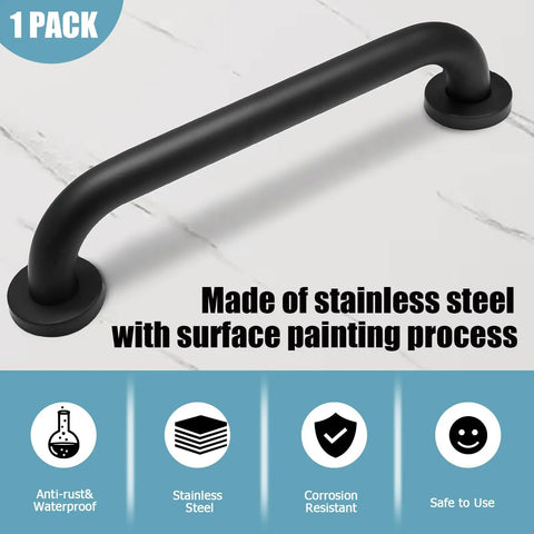 Heavy Duty 12 Inch Shower Grab Bar Built Tough For Solid Non Slip Bathroom Safety Support Rock Solid Stainless Steel Wall Mount Assist Handle In Sleek Black Finish on tile surface.