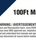 Label of PrimeFit 100Ft Manual Air Hose Reel with fitting capacities for 150Ft 1/4 Inch, 100Ft 3/8 Inch, and 50Ft 1/2 Inch hoses.