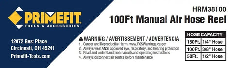 Label of PrimeFit 100Ft Manual Air Hose Reel with fitting capacities for 150Ft 1/4 Inch, 100Ft 3/8 Inch, and 50Ft 1/2 Inch hoses.