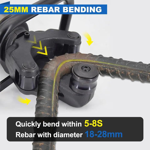1800W Portable Electric Hydraulic Rebar Bender demonstrating bending rebar of 18-28mm diameter quickly within 5-8 seconds.