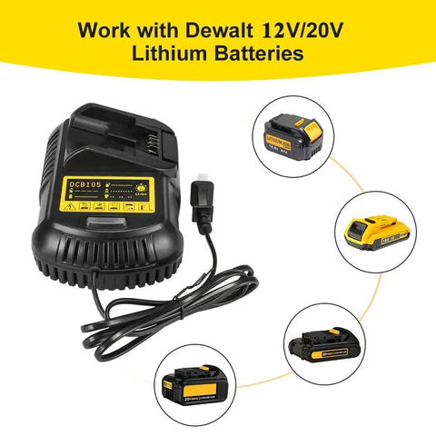 Replacement Charger For 12V-20V Max Lithium Ion Batteries Compatible With DCB101 DCB115 DCB107 DCB105 DCB203 DCB204 DCB206 DCB201 DCB120 DCB127 Fast Charging US Standard Plug Compact Safe Ideal For Dewalt Drill And Impact Driver Packs shown with compatible batteries