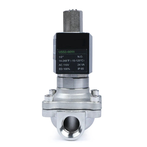 Front view of Heavy Duty Stainless Steel Solenoid Valve 110V AC Normally Open With Viton Seal Half Inch Size for various applications.