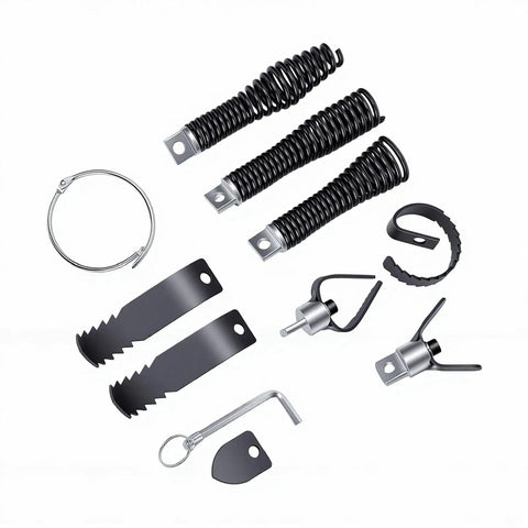 Nine piece Heavy Duty Drain Snake Attachment Kit For Electric Drain Cleaners includes coils, cutters, and locking accessories.