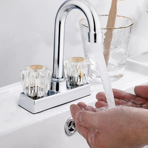 Clear Acrylic Faucet Handles Replacement Kit For Two-Handle Faucets installed on sink, water running over hands