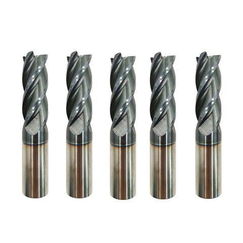 Carbide Square End Mill Three Quarters Inch Four Flute AlTiN Coated Micro Grain Bits Built Tough For Heavy Duty High Temp Milling HRC 45 Strength Single End Five Pack Durable Wear Resistant Tool For Steel Aluminum Woodworking Projects front view