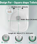 No Sweat Square Soft Close Toilet Seat With Quick Release Hinges For Easy Wipe Down And Heavy Duty Daily Use In Ultra Premium Polypropylene Crisp White Color, dimensions for square shape toilets.