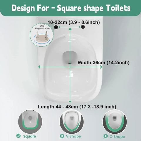 No Sweat Square Soft Close Toilet Seat With Quick Release Hinges For Easy Wipe Down And Heavy Duty Daily Use In Ultra Premium Polypropylene Crisp White Color, dimensions for square shape toilets.