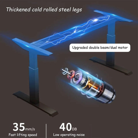 Close-up of Adjustable Standing Desk With Three Memory Presets Smooth Operator Height Glide with thickened cold rolled steel legs.