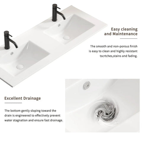HAOCHRYSYPH Double Bowl Ceramic Sink, Milk White, 47.64 x 18.12 x 6.7 in, showing dual bowls with black faucets and drainage.