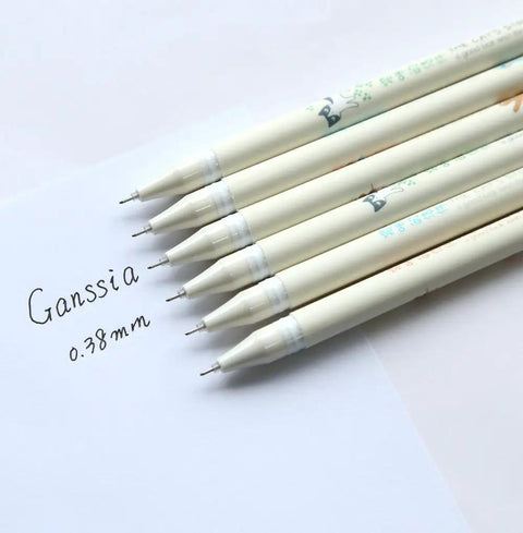 Six Colorful Cat Themed Gel Pens Set With 0.38mm Black Ink Adorable Cat Cap Tops Kawaii Design arranged on paper