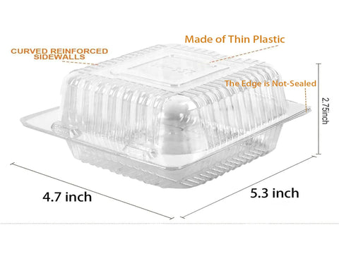 Clear Plastic Hinged Takeout Clamshell Containers, 50 Pack, See-Through Cake Slice Boxes with dimensions 5.3x4.7x2.8 inches