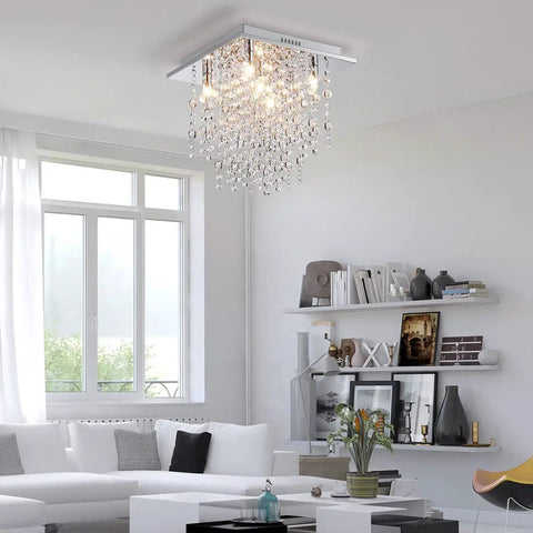 Five Light Modern Flush Mount Crystal Ceiling Light Fixture For Bedroom Dining Room Living Room Close To Ceiling Chandelier Style G9 Bulbs Not Included LED Compatible 12 Inch High 13 Inch Wide 13 Inch Long