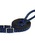 Braided Nylon Barrel Rein Half Inch By Eight Foot With Easy Grip Knots And Nickel Conway Buckle Bit Ends In Hurricane Blue And Black