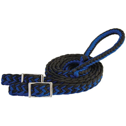 Braided Nylon Barrel Rein Half Inch By Eight Foot With Easy Grip Knots And Nickel Conway Buckle Bit Ends In Hurricane Blue And Black