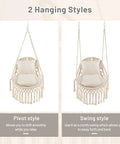 Macrame Swing Chair For Indoor Outdoor Living, Heavy Duty Hanging Porch Swing With Soft Cushions, Cotton Rope And Hardware Kits, Supports Up To 330 Lbs, Oval Hammock Style Chair For Patio Balcony Beige showing pivot and swing styles