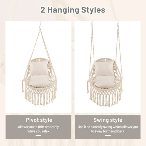 Macrame Swing Chair For Indoor Outdoor Living, Heavy Duty Hanging Porch Swing With Soft Cushions, Cotton Rope And Hardware Kits, Supports Up To 330 Lbs, Oval Hammock Style Chair For Patio Balcony Beige showing pivot and swing styles