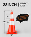 Diagram of Six Pack 28 Inch Traffic Safety Cones With Reflective Collars For Road Construction, showing dimensions and weight.