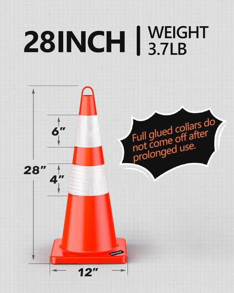 Diagram of Six Pack 28 Inch Traffic Safety Cones With Reflective Collars For Road Construction, showing dimensions and weight.
