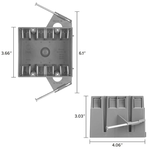 Dimensions of 2-Gang Non-Metallic PVC New Construction Junction Box With 32.5 Cu In Capacity For Outlets, Switches And Dimmers, Nail-On J-Box, Gray, ETL Listed, 2 Hour Fire Rated, Easy Install, 10 Pack shown.