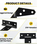 Close-up of 8 Pcs T Strap Gate Hinges Heavy Duty 2 Inch Black Iron Tee Shed Hinges with focus on staggered design and rotation.
