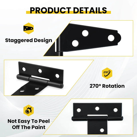 Close-up of 8 Pcs T Strap Gate Hinges Heavy Duty 2 Inch Black Iron Tee Shed Hinges with focus on staggered design and rotation.