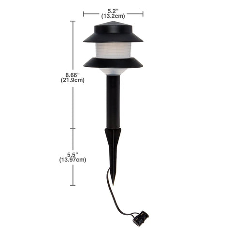 Low Voltage Plastic 4W Path Lights Black with frosted lens and stake, showing dimensions, part of 12 pack for walkways and yards